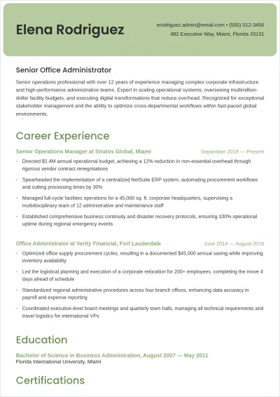 Free Senior Office Administrator ATS Resume Template