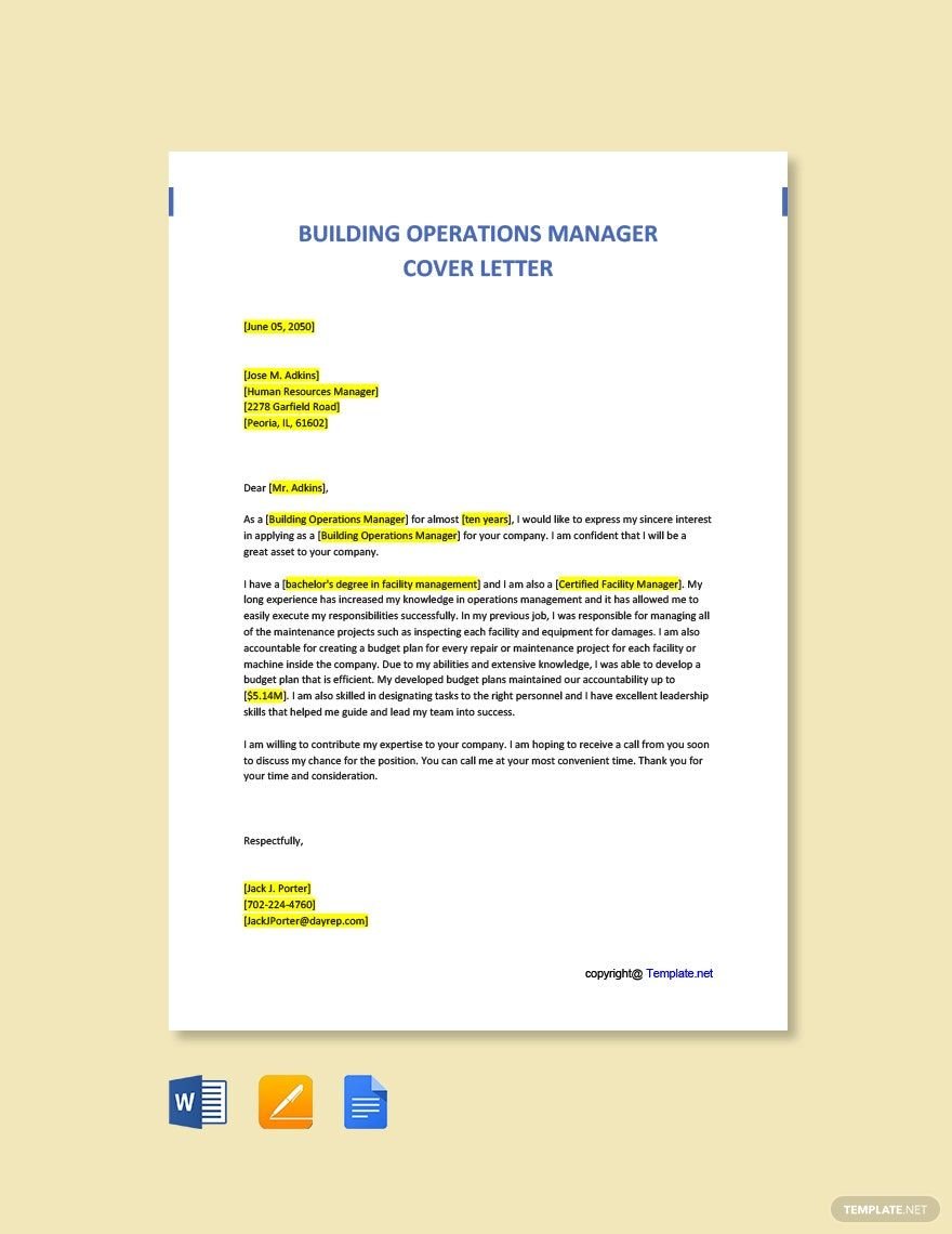 Building Operations Manager Cover Letter