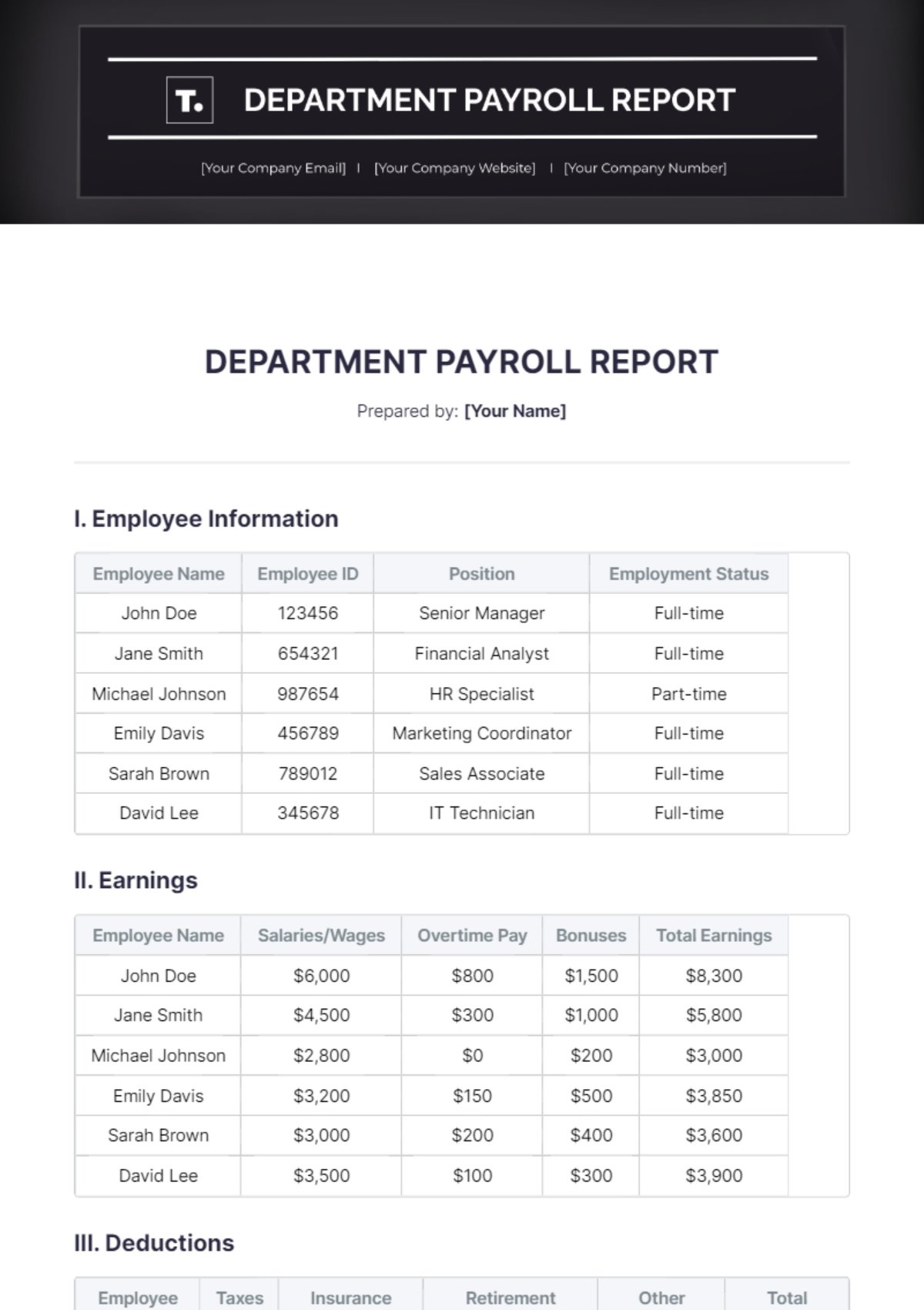 Department Payroll Report Template - Edit Online & Download