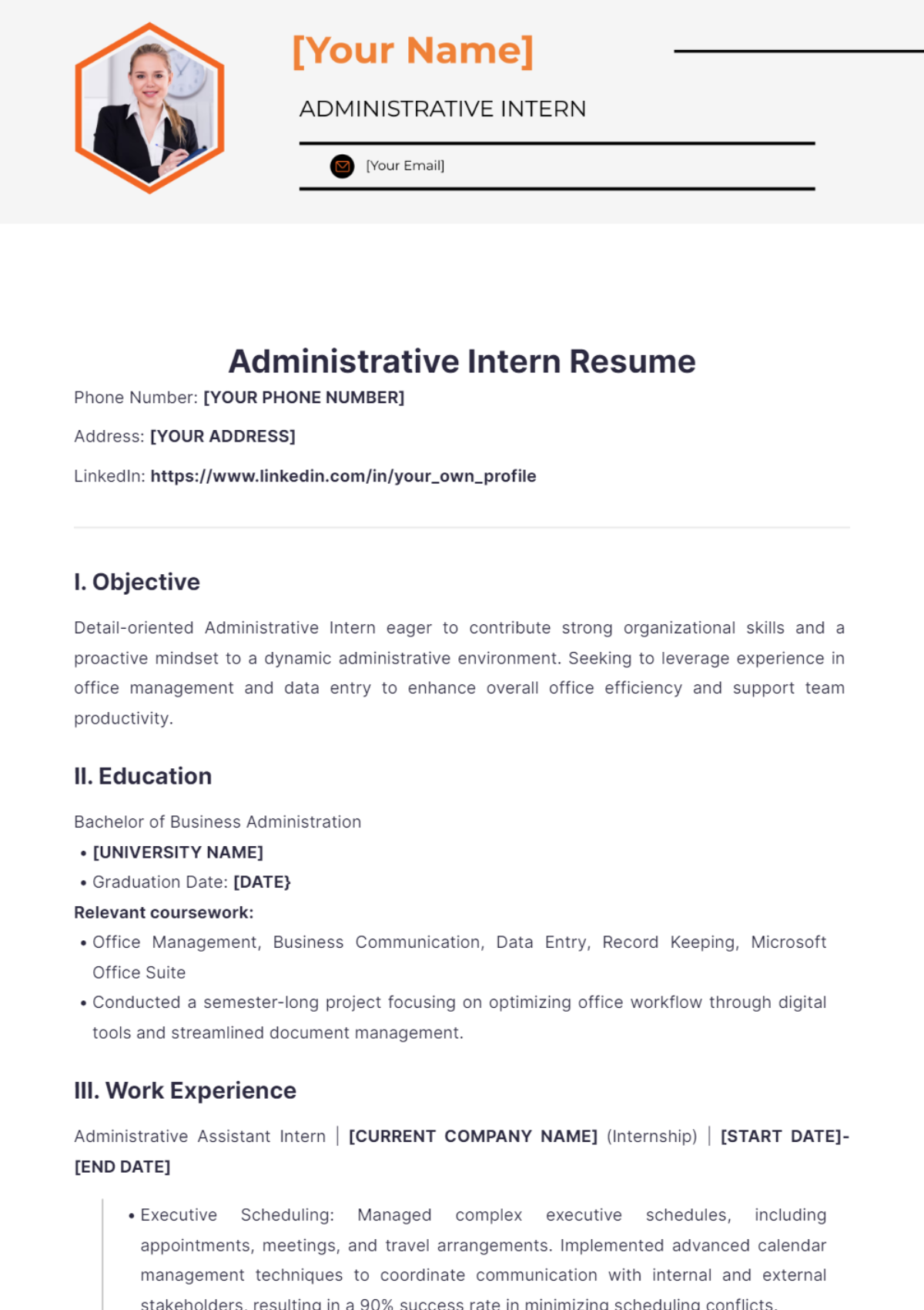 Administrative Intern Resume - Edit Online & Download