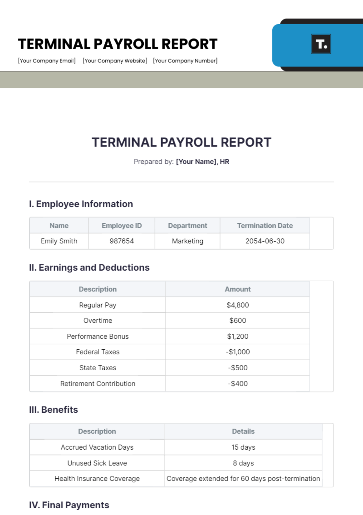 Terminal Payroll Report Template - Edit Online & Download