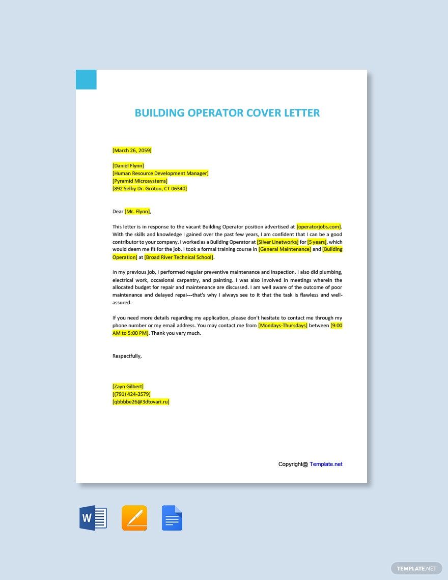 Building Operator Cover Letter in Word, Google Docs, PDF, Apple Pages