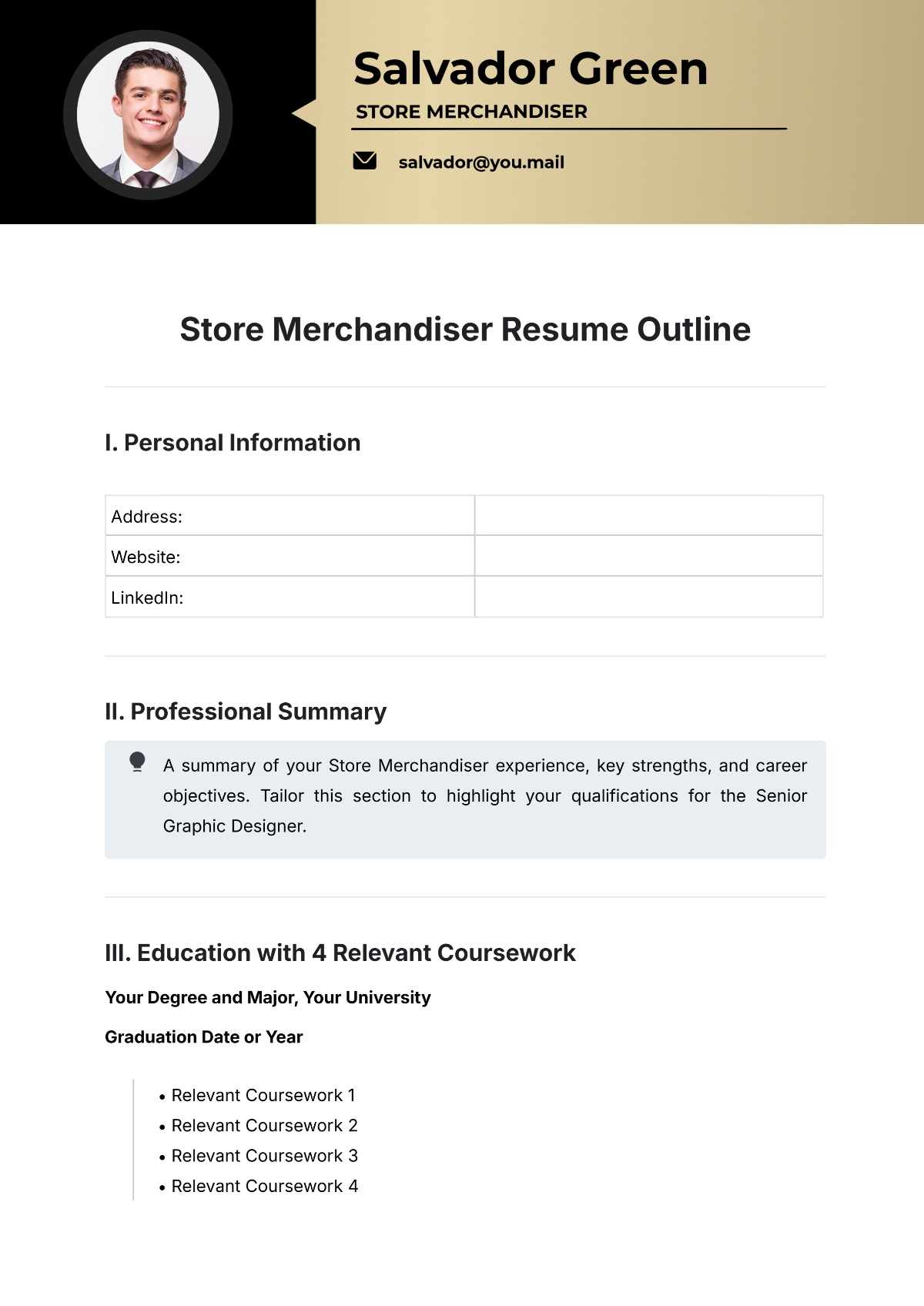 Store Merchandiser Resume Outline Template - Edit Online & Download