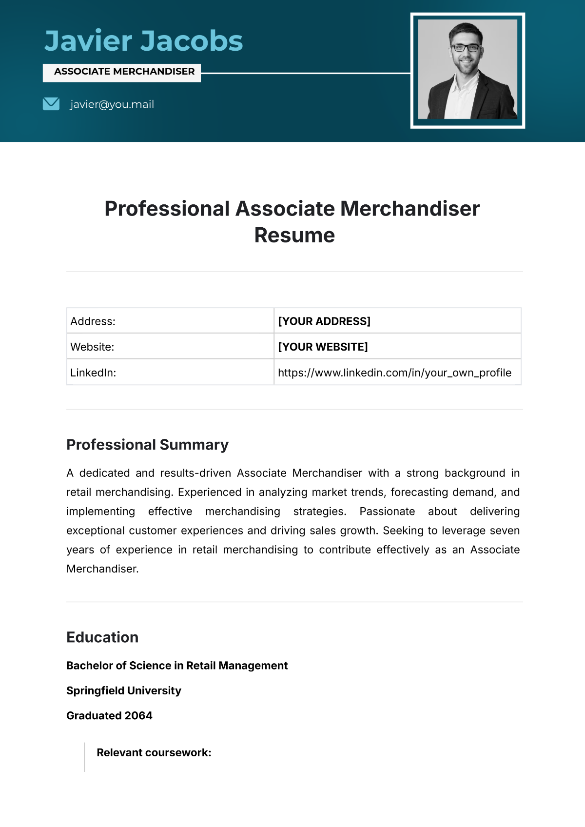 Professional Associate Merchandiser Resume Template - Edit Online & Download