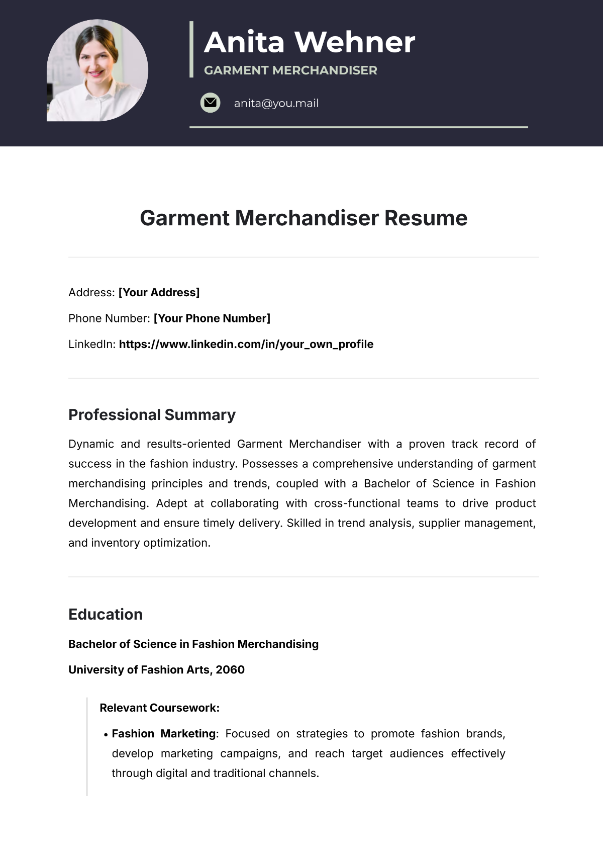 Garment Merchandiser Resume Template - Edit Online & Download