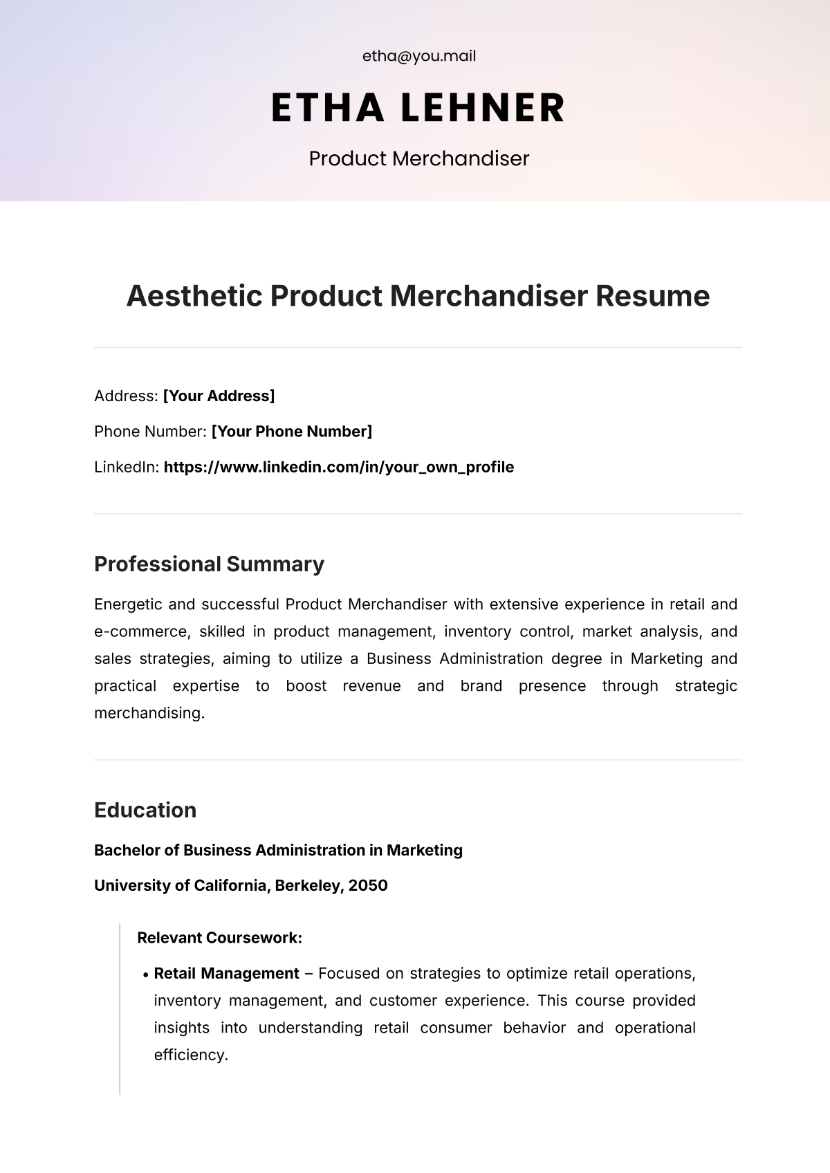 Aesthetic Product Merchandiser Resume Template - Edit Online & Download