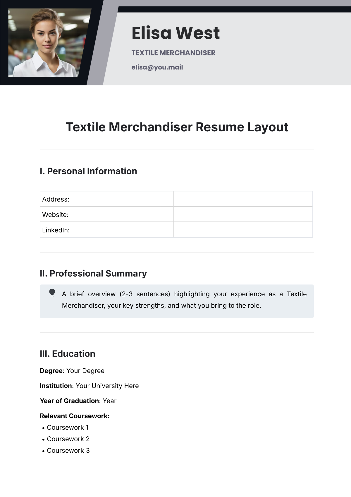 Textile Merchandiser Resume Layout Template - Edit Online & Download