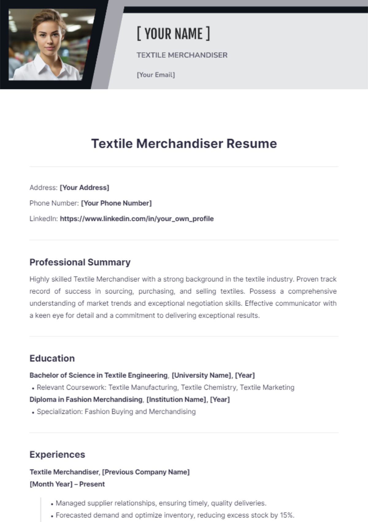 Textile Merchandiser Resume - Edit Online & Download