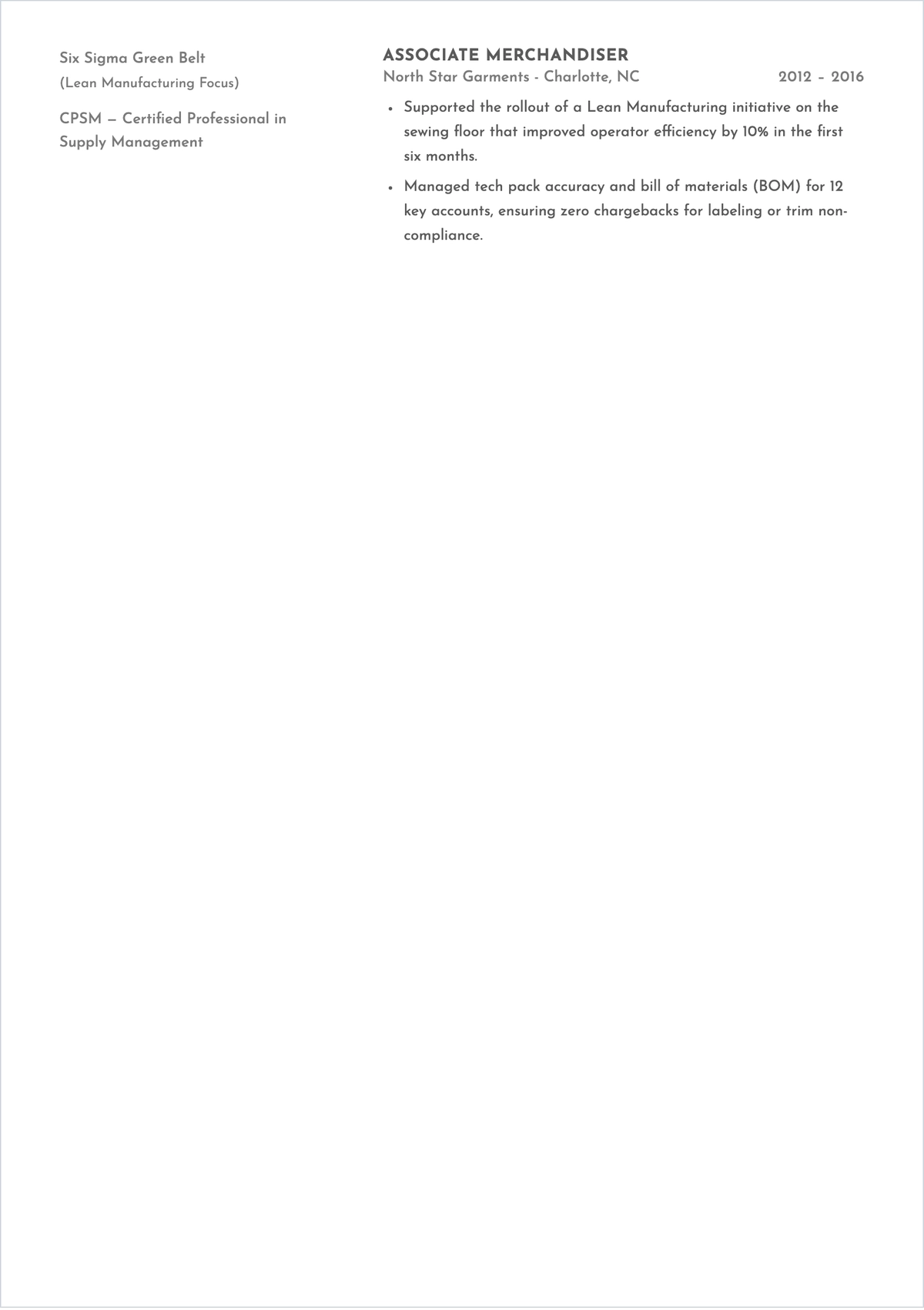 Free Sample Production Merchandiser ATS Resume Template