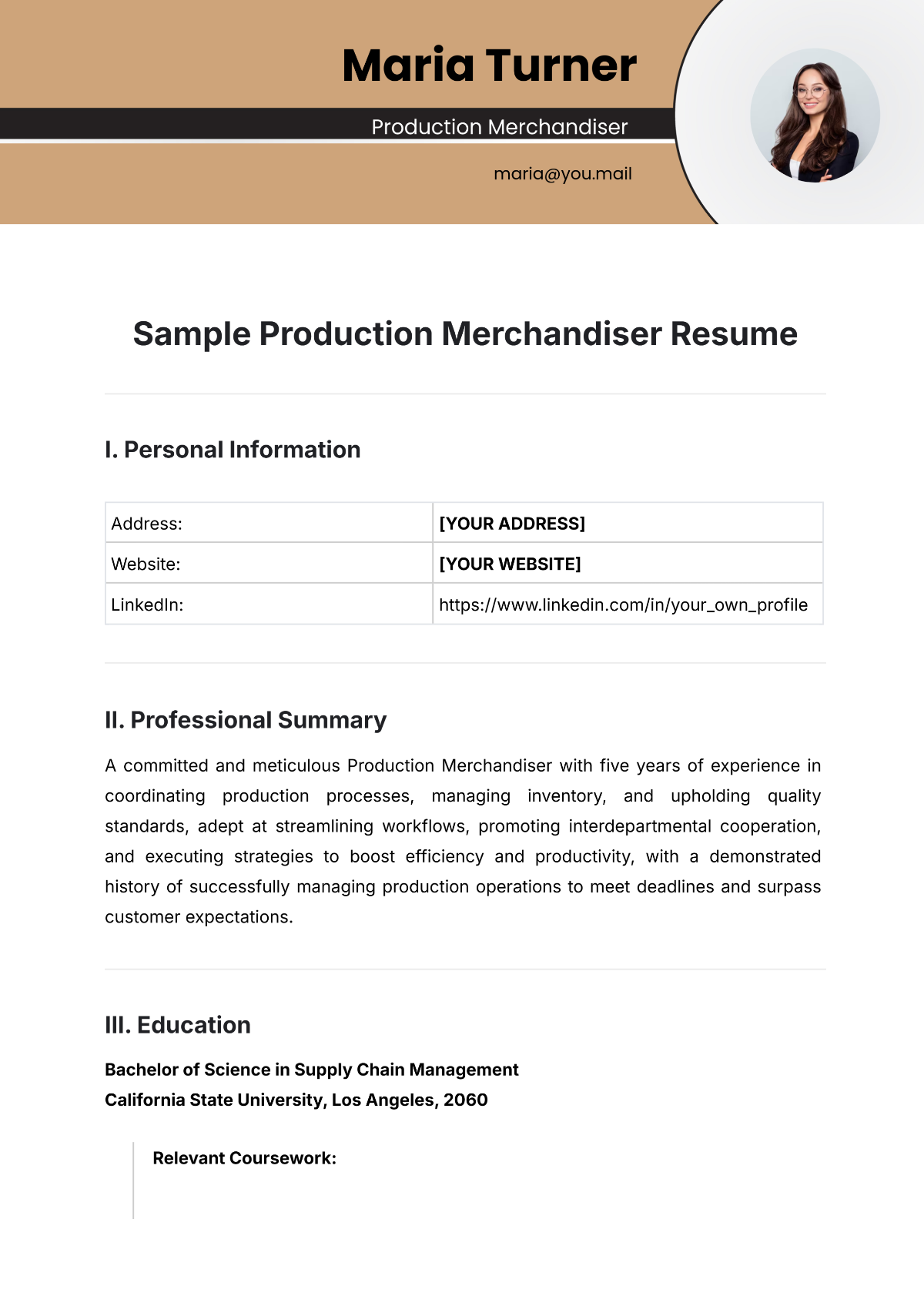 Sample Production Merchandiser Resume Template - Edit Online & Download