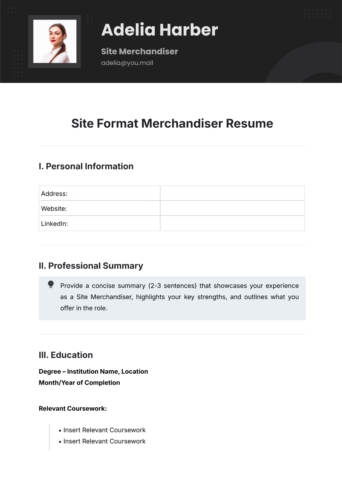 Site Format Merchandiser Resume Template - Edit Online & Download