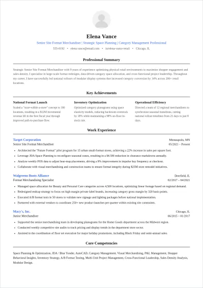 Free Site Format Merchandiser ATS Resume Template, AI Resume Builder