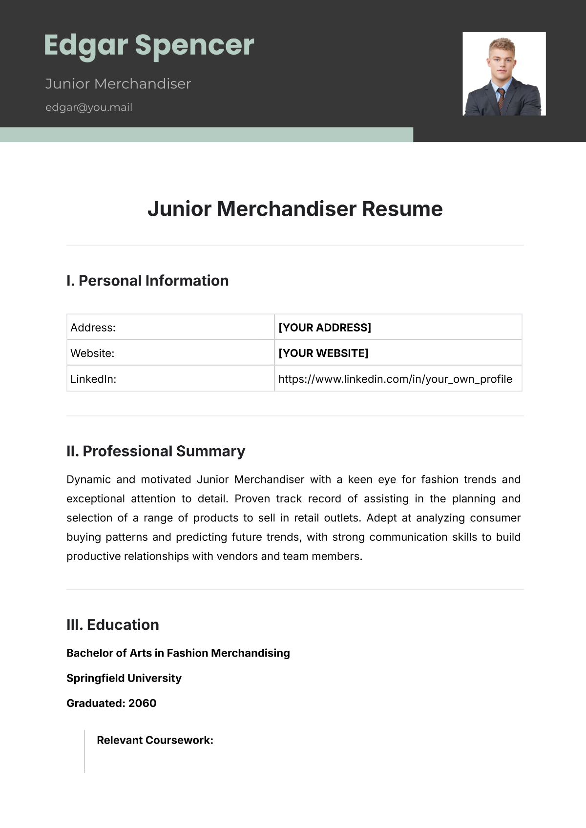 Junior Merchandiser Resume Template - Edit Online & Download