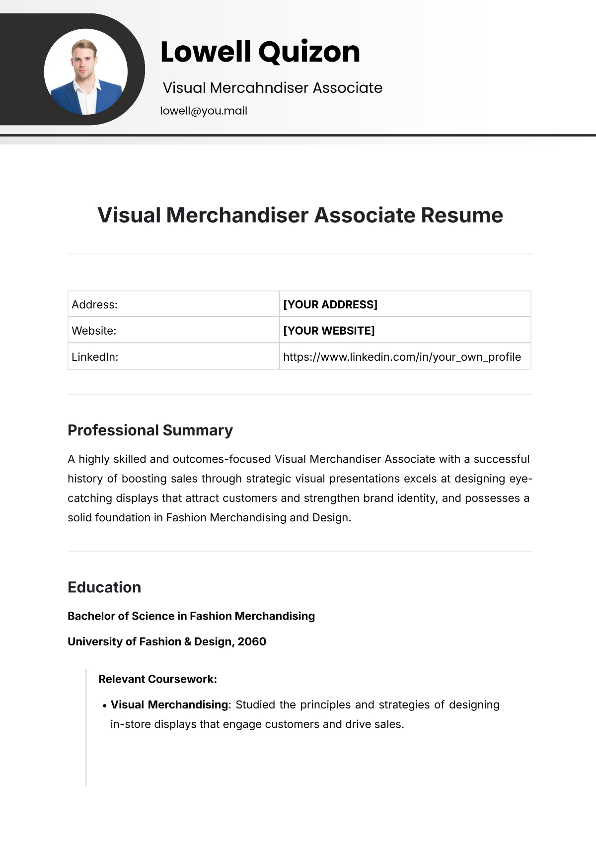 Visual Merchandiser Associate Resume Template - Edit Online & Download