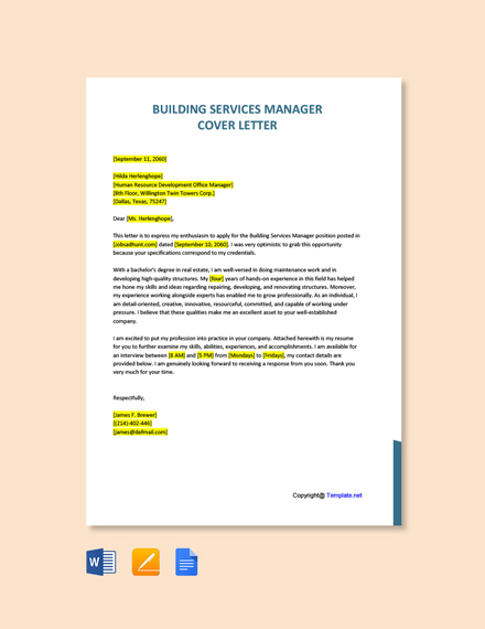 24 FREE Service Manager Cover Letter Templates Word DOC Google   Building Services Manager Cover Letter 