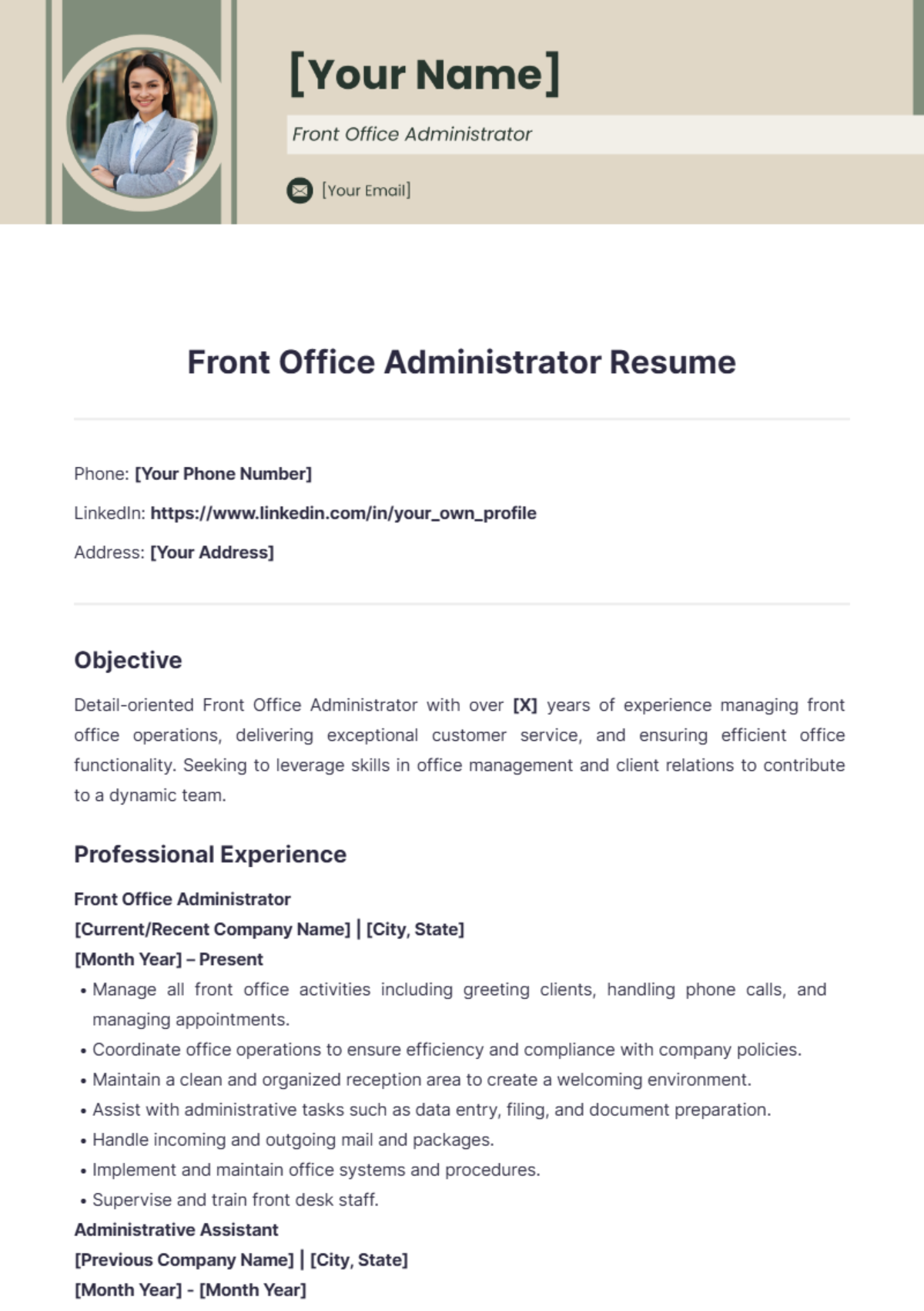 Front Office Administrator Resume - Edit Online & Download