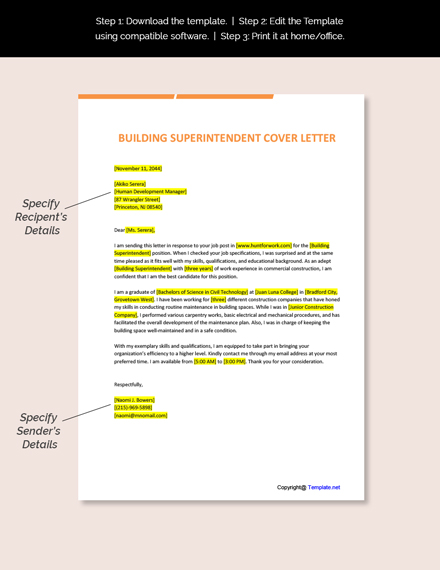 Building Superintendent Cover Letter Template