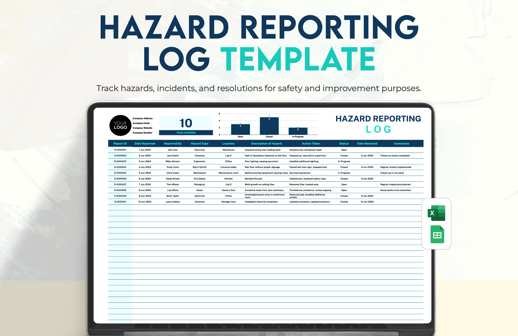 Hazard Reporting Log Template in Excel, Google Sheets