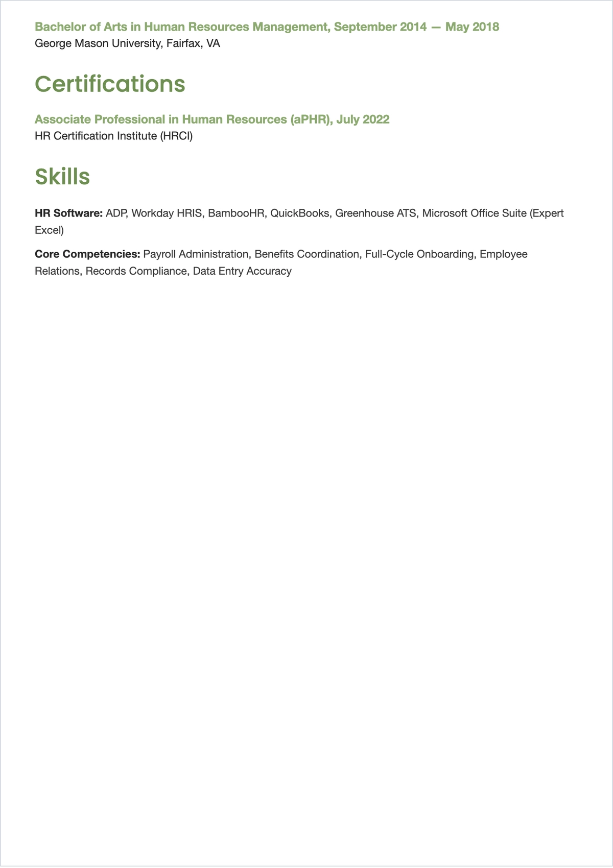Free HR Administrative Assistant ATS Resume Template