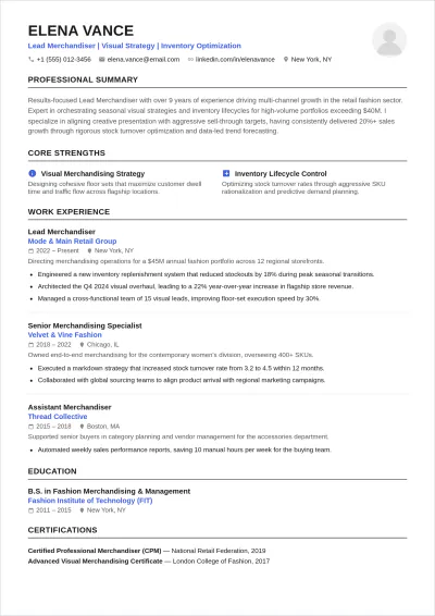 Free Lead Merchandiser ATS Resume Template, AI Resume Builder