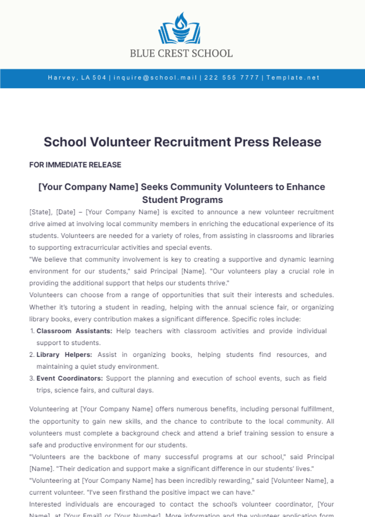 School Volunteer Recruitment Press Release Template - Edit Online & Download