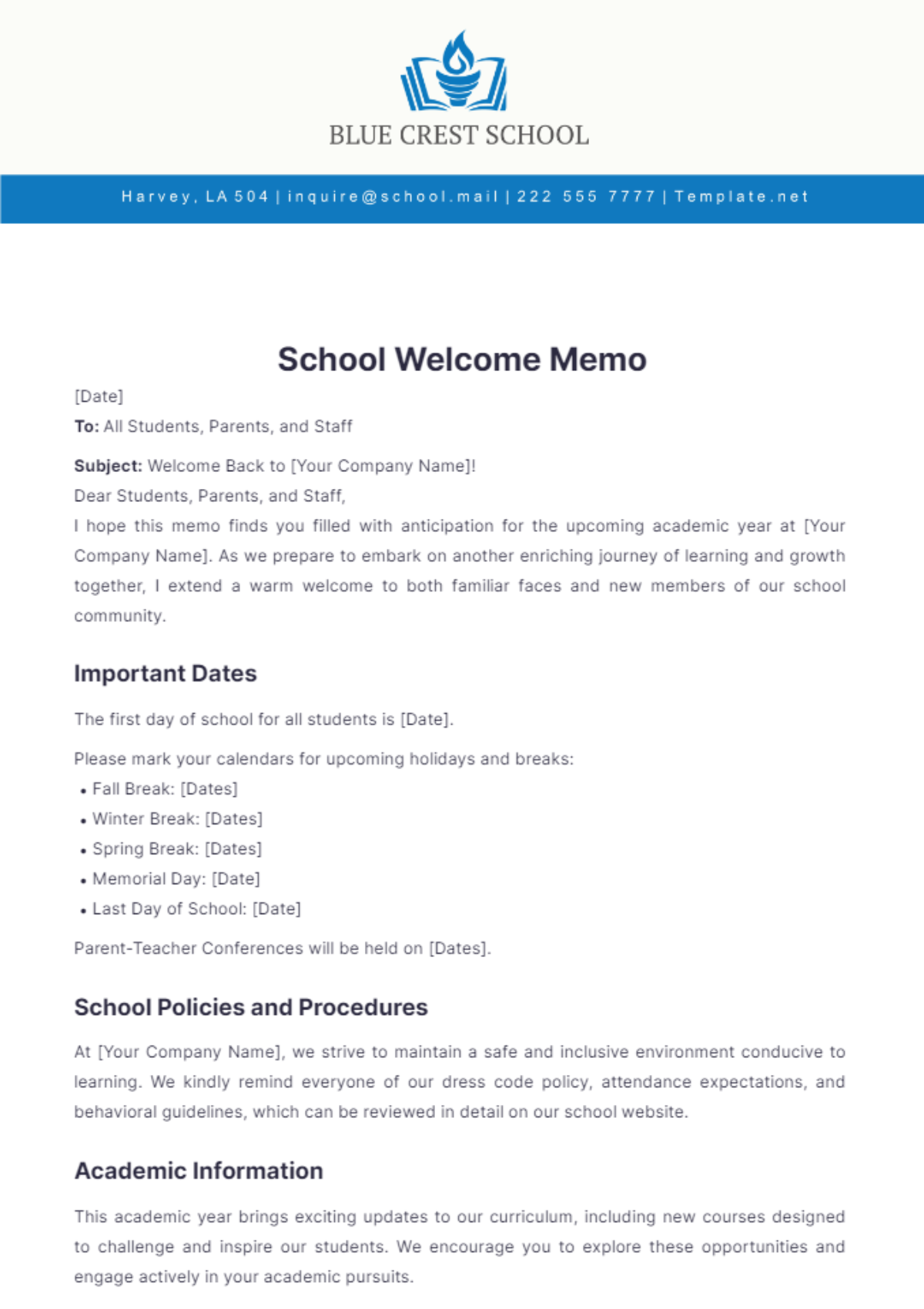 School Welcome Memo Template - Edit Online & Download