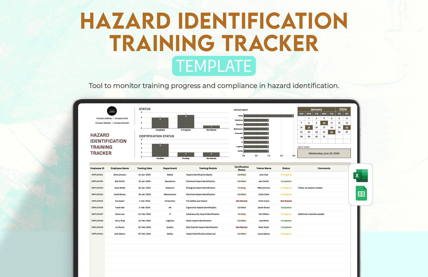 Hazard Identification Training Tracker Template in Excel, Google Sheets