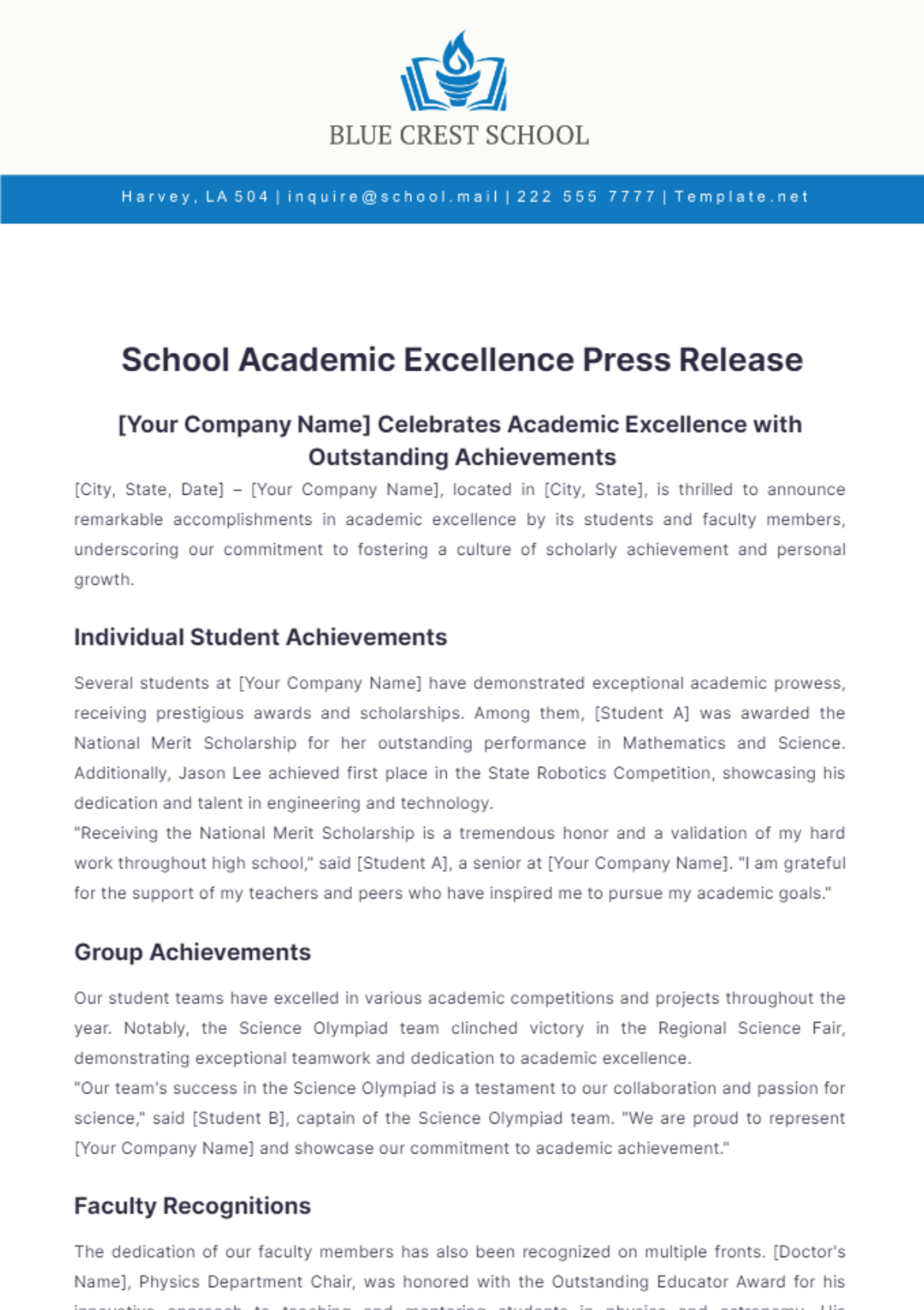 School Academic Excellence Press Release Template - Edit Online & Download