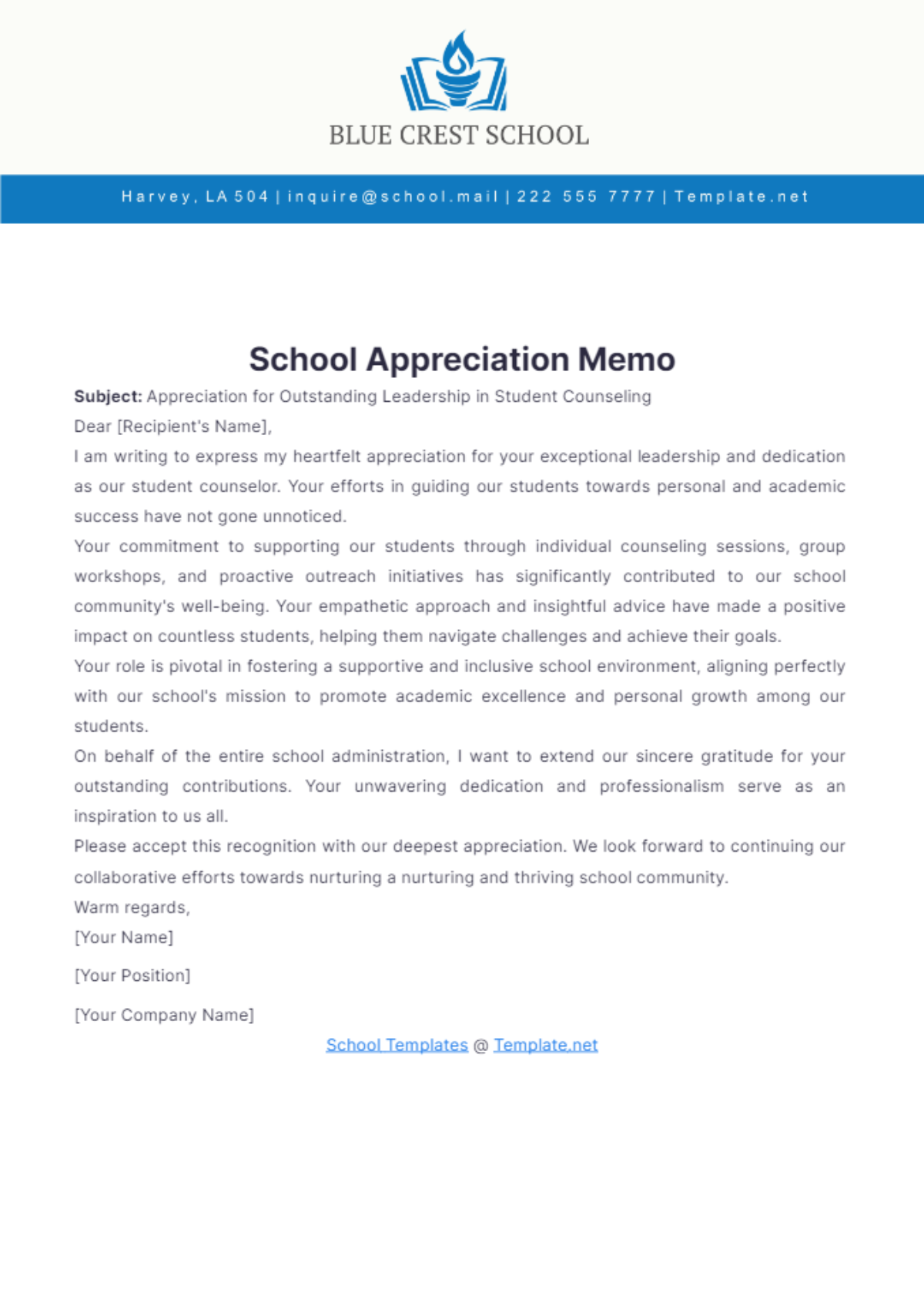 School Appreciation Memo Template - Edit Online & Download