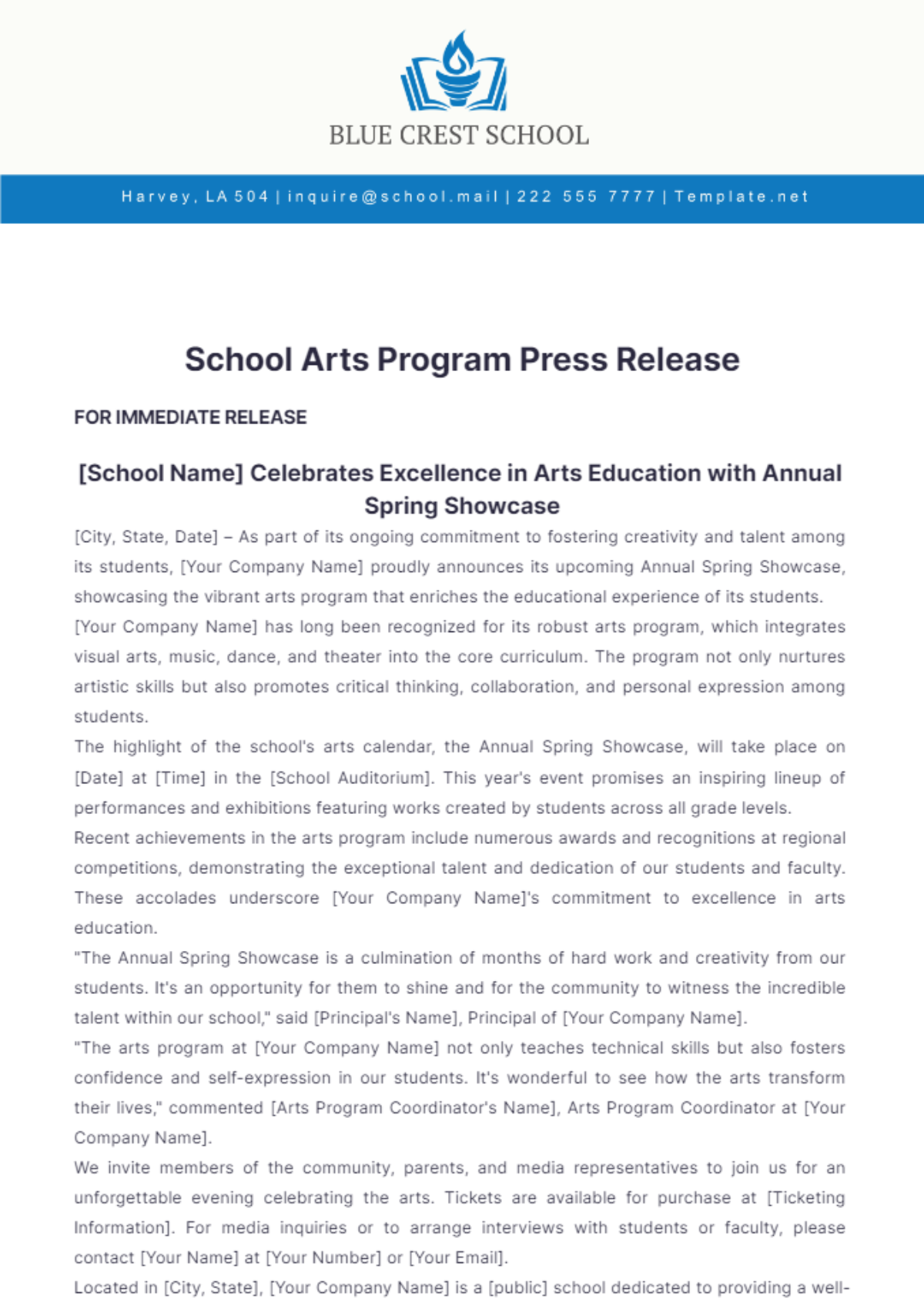 School Arts Program Press Release Template - Edit Online & Download