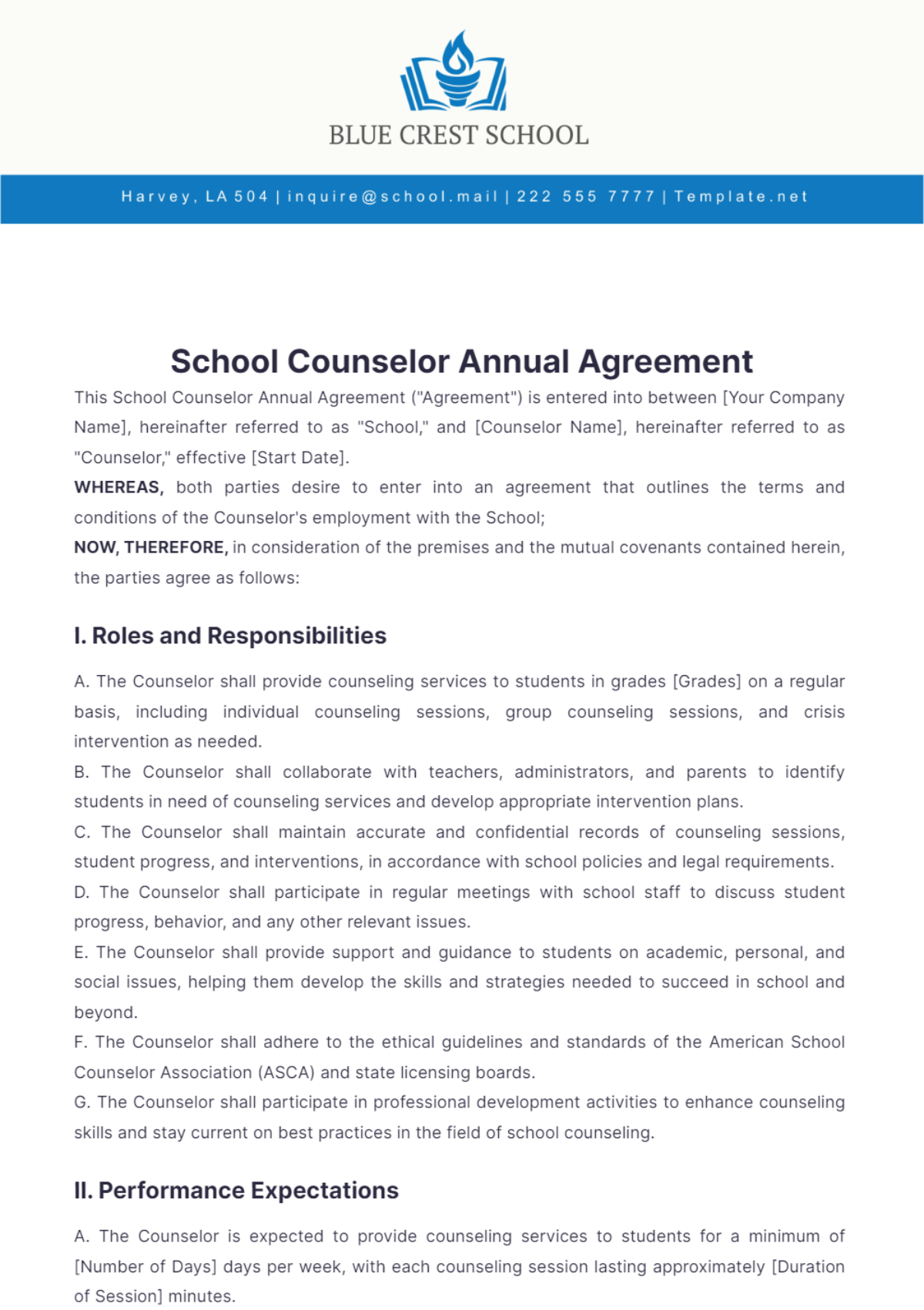 School Counselor Annual Agreement Template