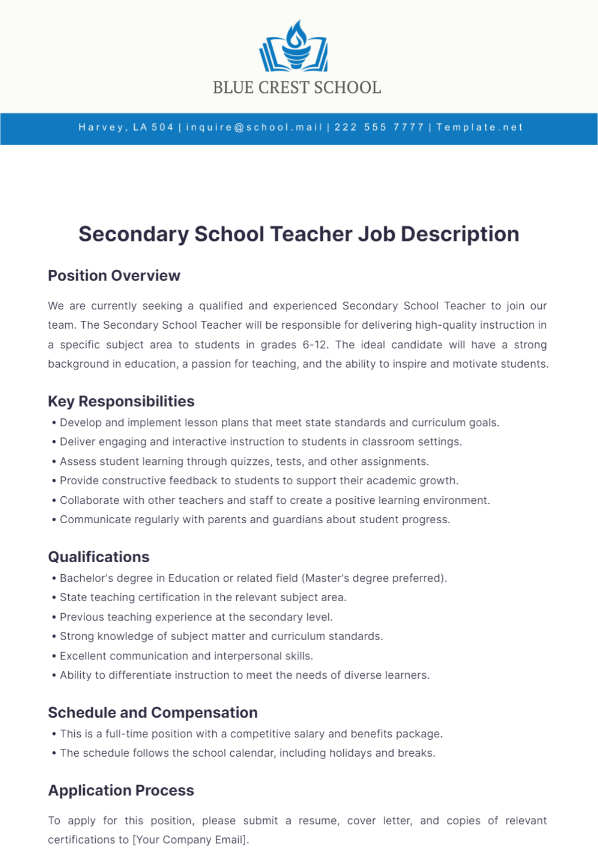 Secondary School Teacher Job Description Template - Edit Online & Download