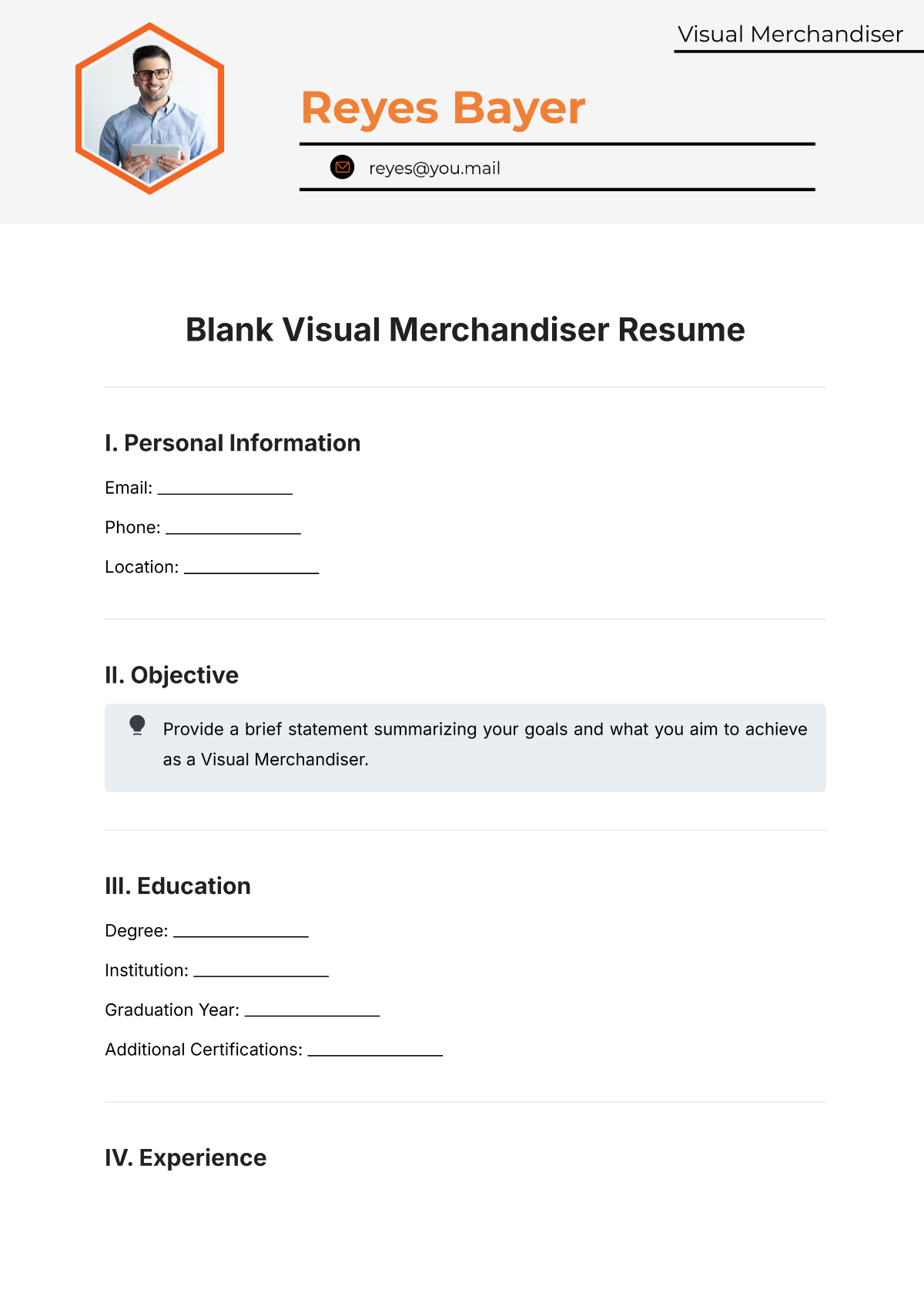 Blank Visual Merchandiser Resume Template - Edit Online & Download