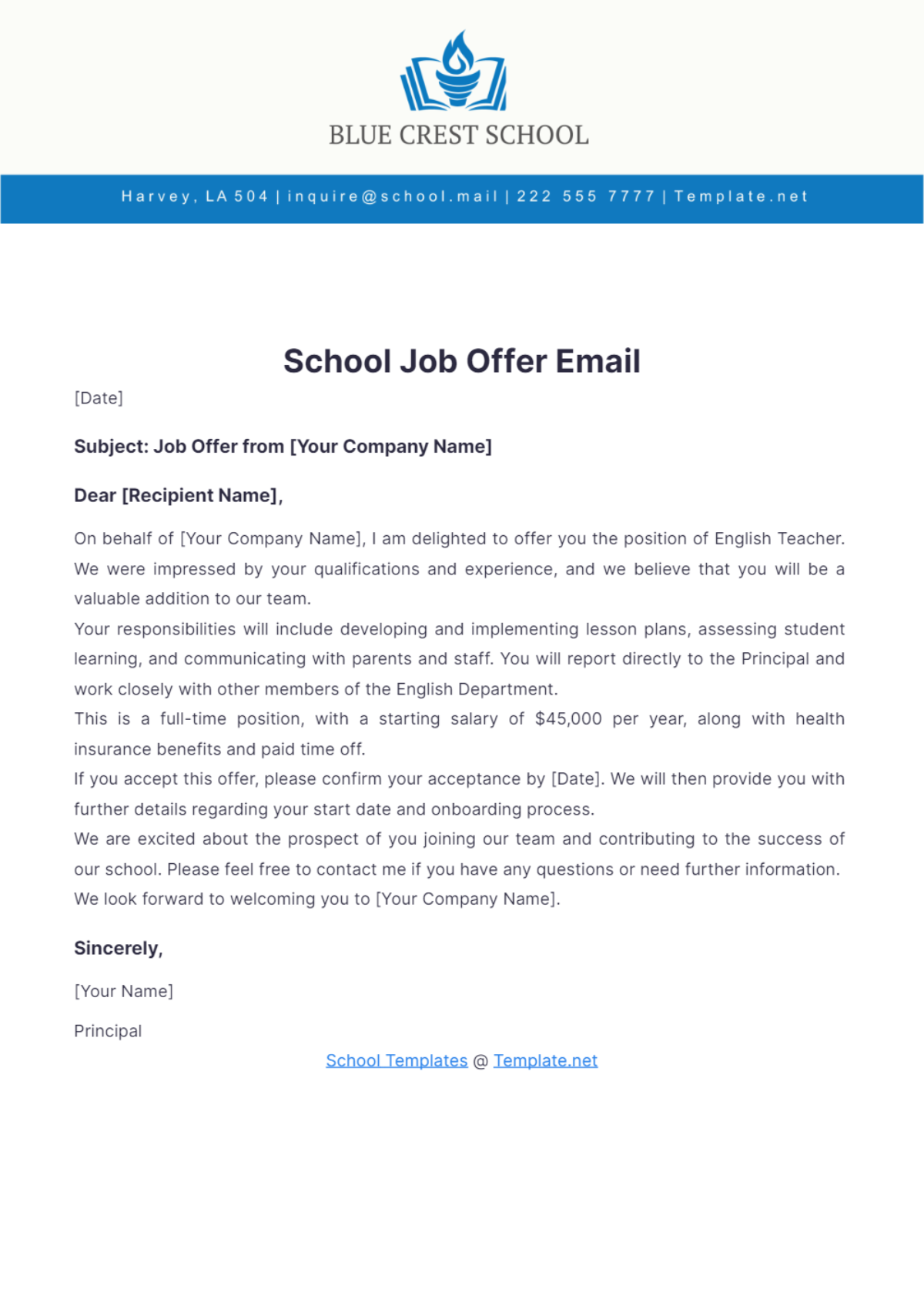 School Job Offer Email Template - Edit Online & Download