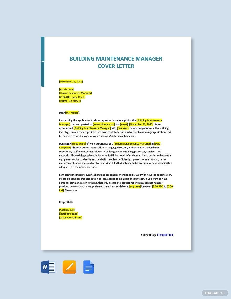Building Maintenance Manager Cover Letter