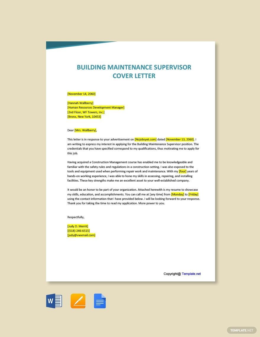 Building Maintenance Supervisor Cover Letter