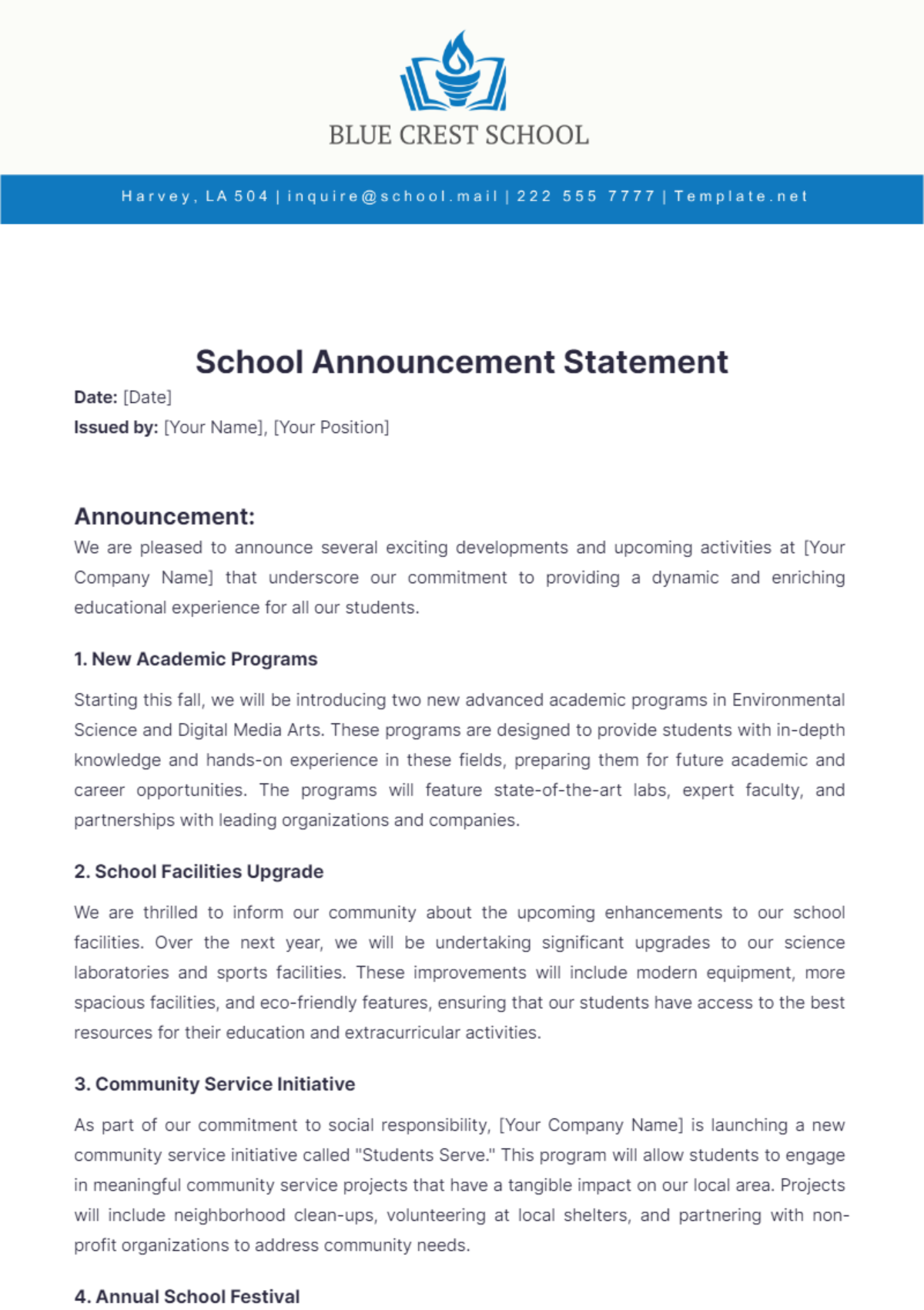 School Announcement Statement Template - Edit Online & Download