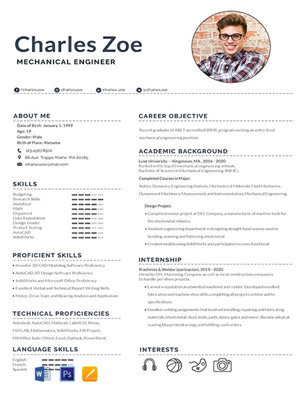 Mechanical Engineer Fresher Resume Template - Word, Apple Pages, PSD