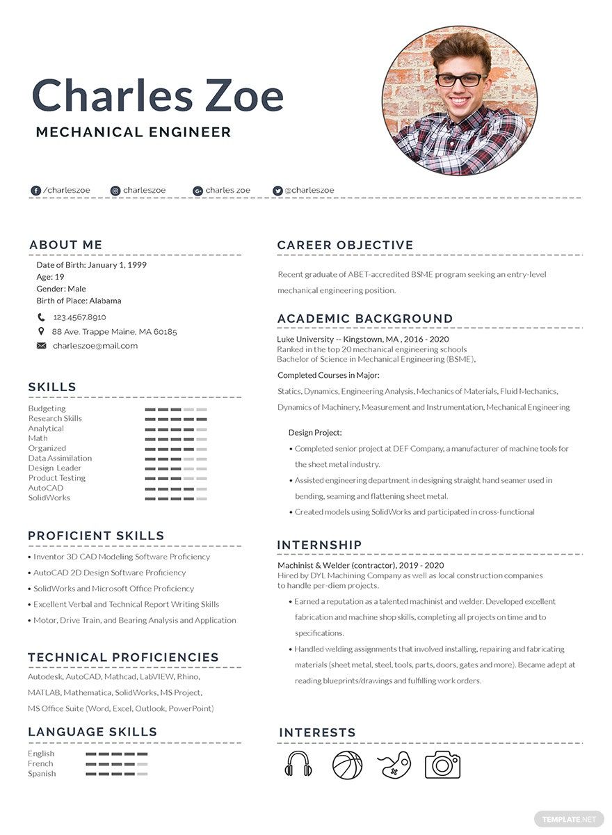 Mechanical Engineer Fresher Resume Word, Apple Pages, PSD