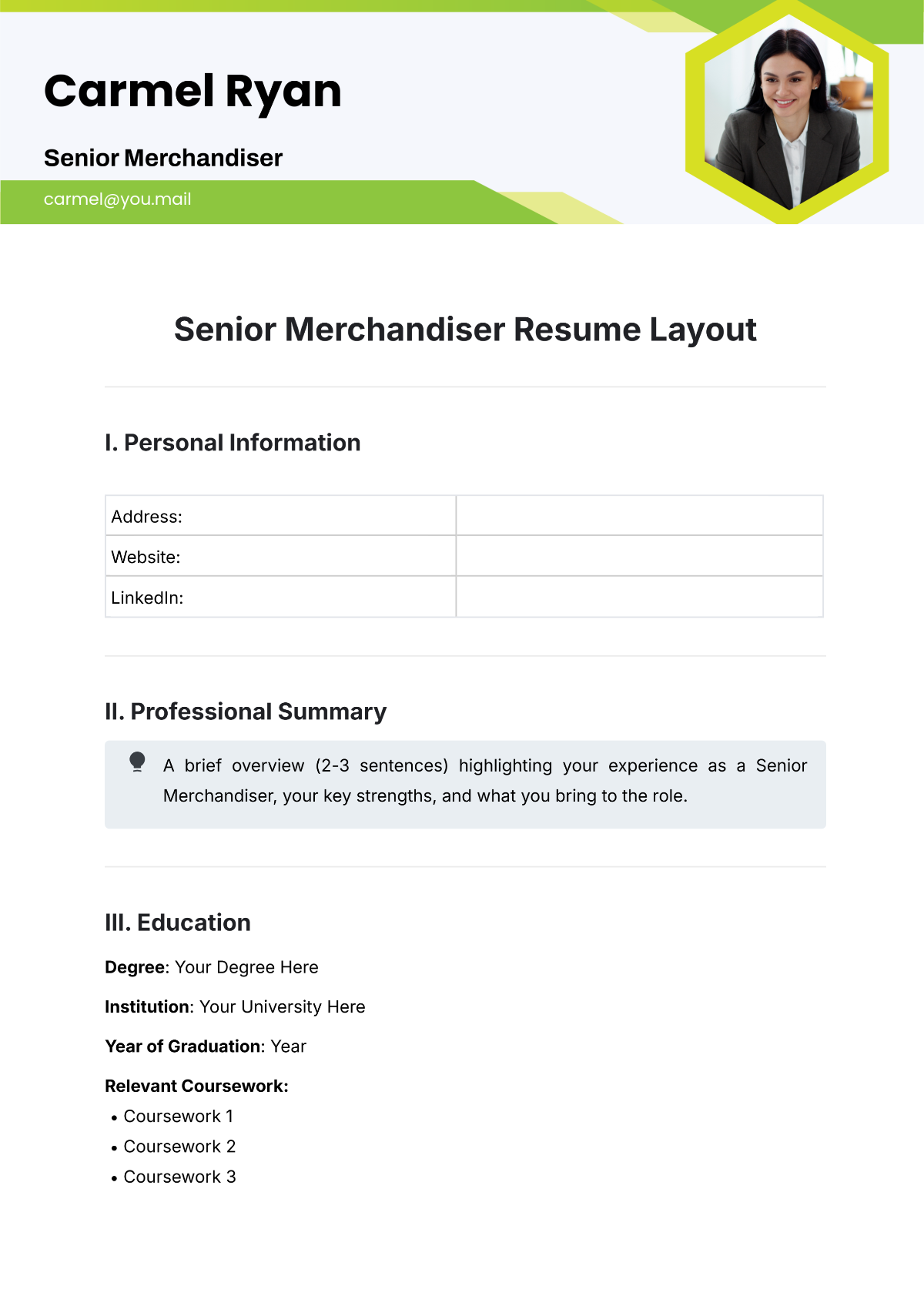 Senior Merchandiser Resume Layout Template - Edit Online & Download