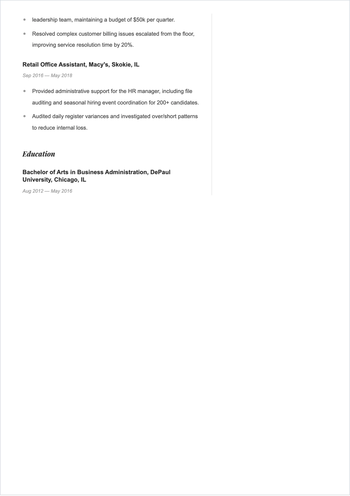 Free Retail Administrative Assistant ATS Resume Template