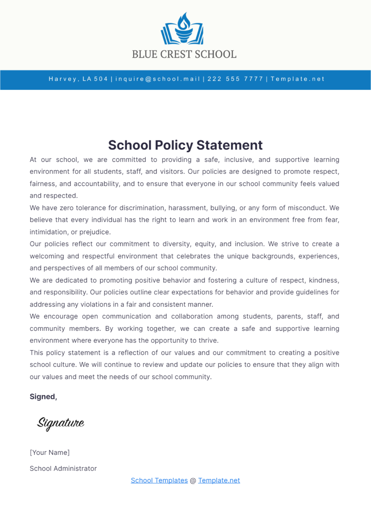 School Policy Statement Template - Edit Online & Download