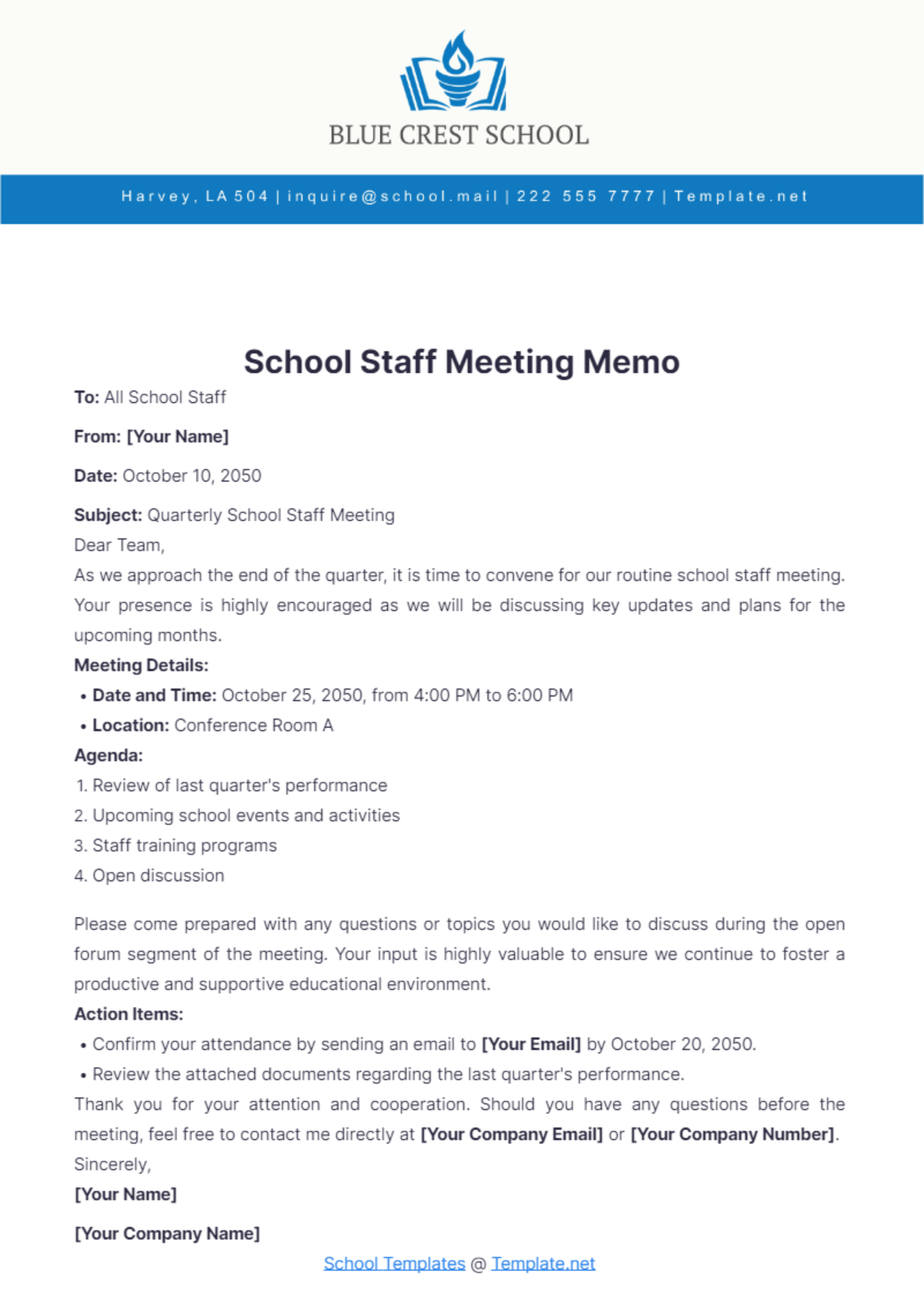 School Staff Meeting Memo Template - Edit Online & Download