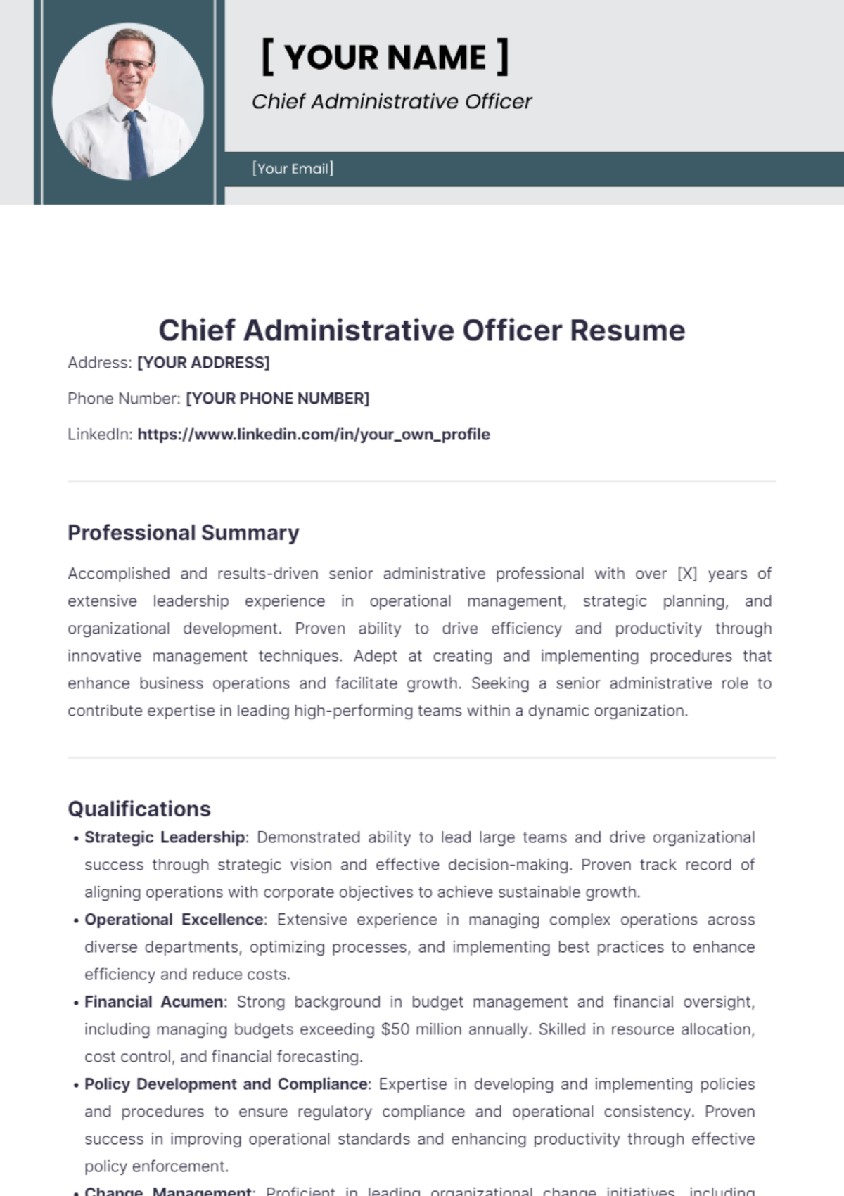 Chief Administrative Officer Resume - Edit Online & Download