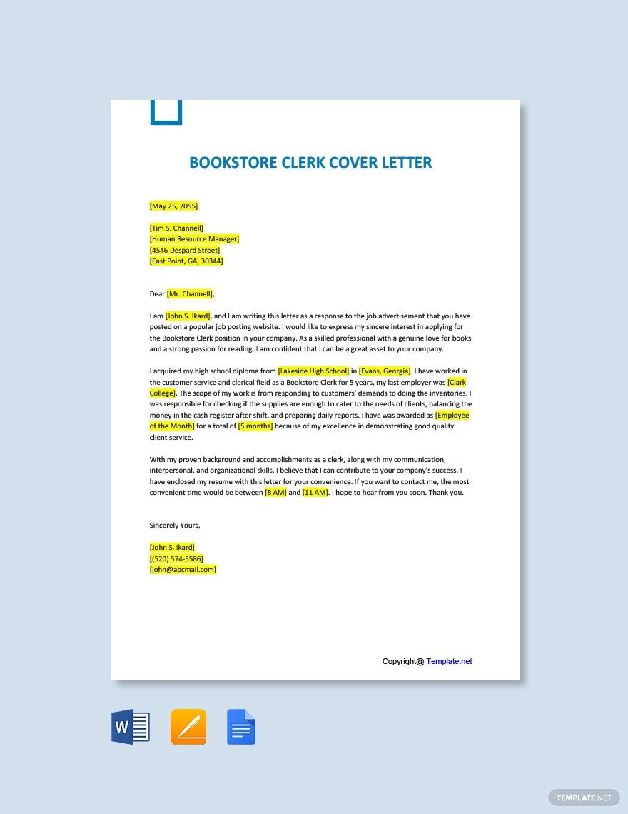 Bookstore Clerk Cover Letter in Word, Google Docs, PDF, Apple Pages