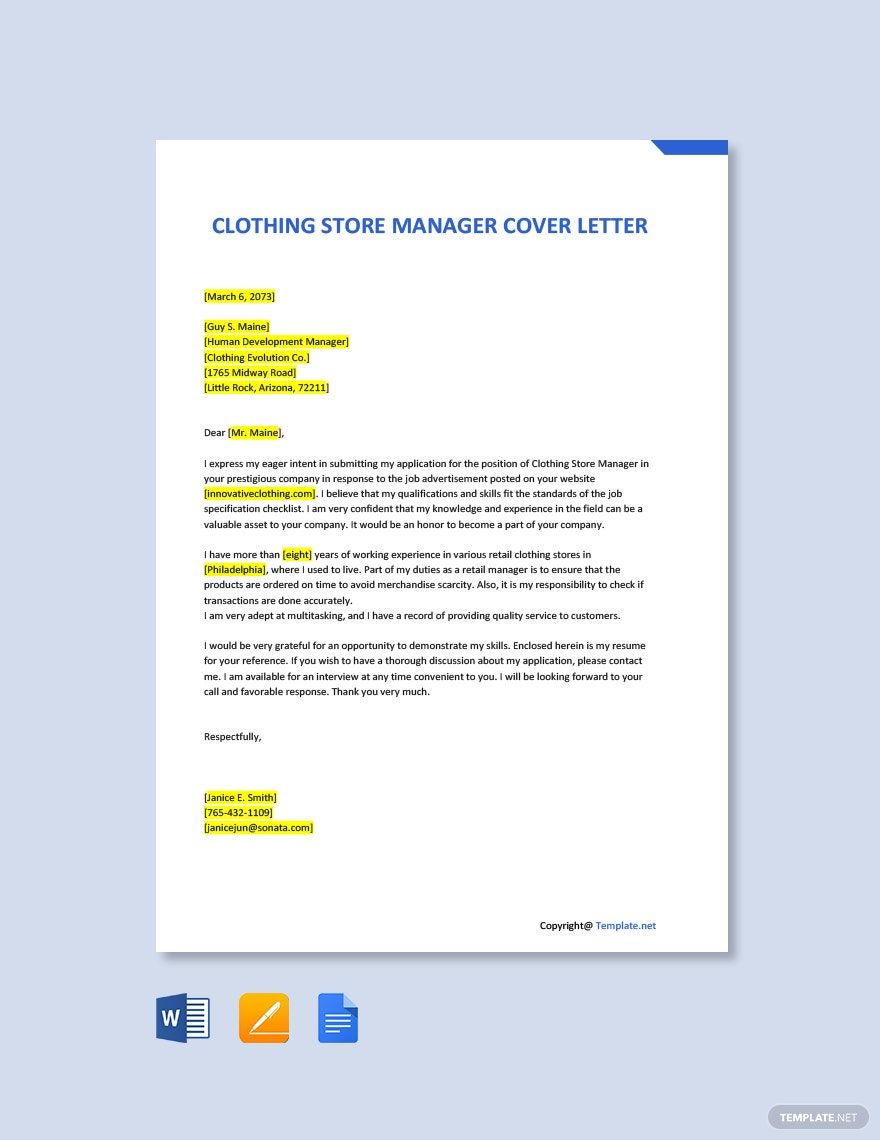 Free Clothing Store Manager Cover Letter