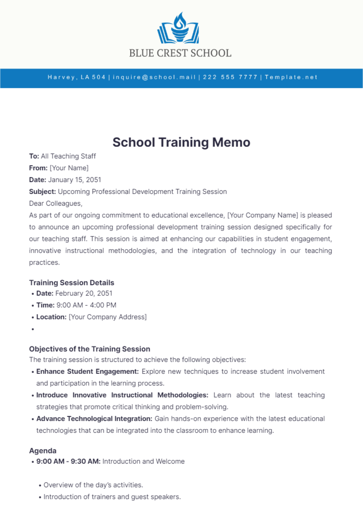 Free School Training Memo Template - Edit Online & Download | Template.net