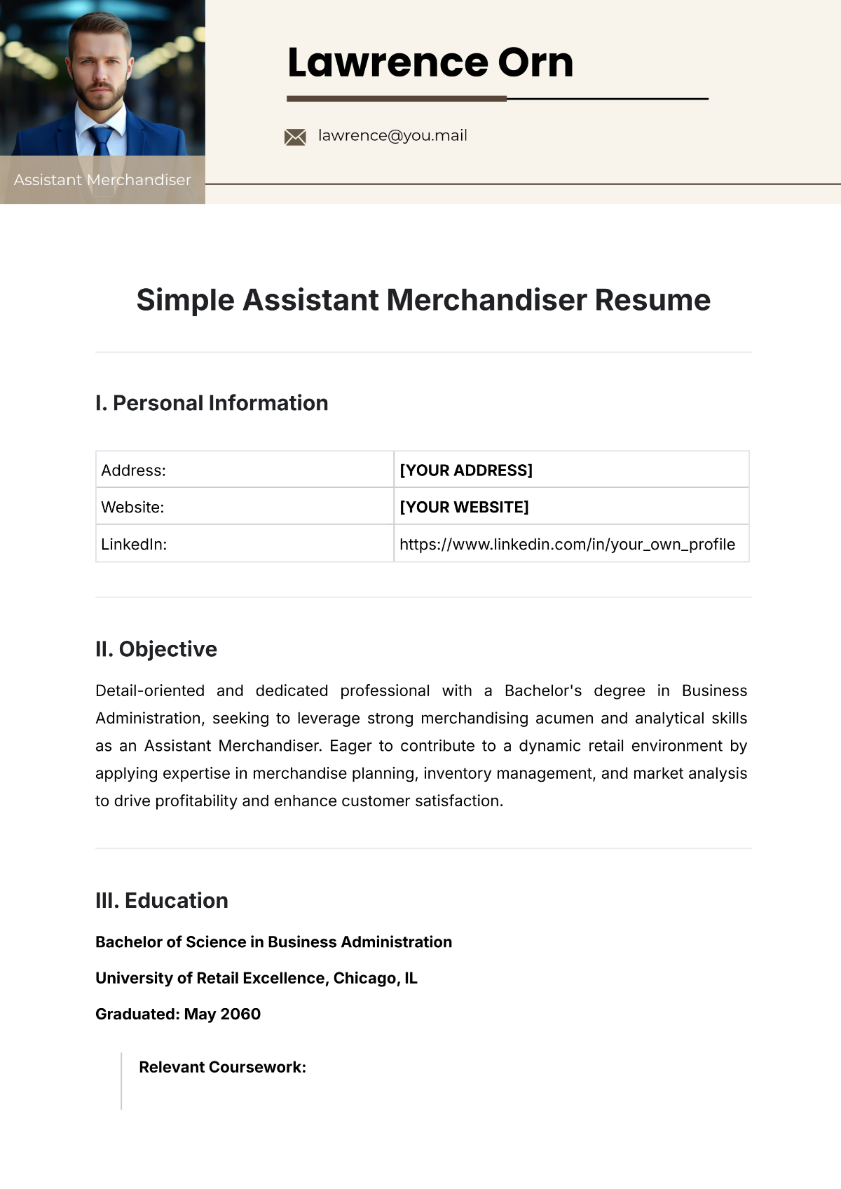 Simple Assistant Merchandiser Resume Template - Edit Online & Download