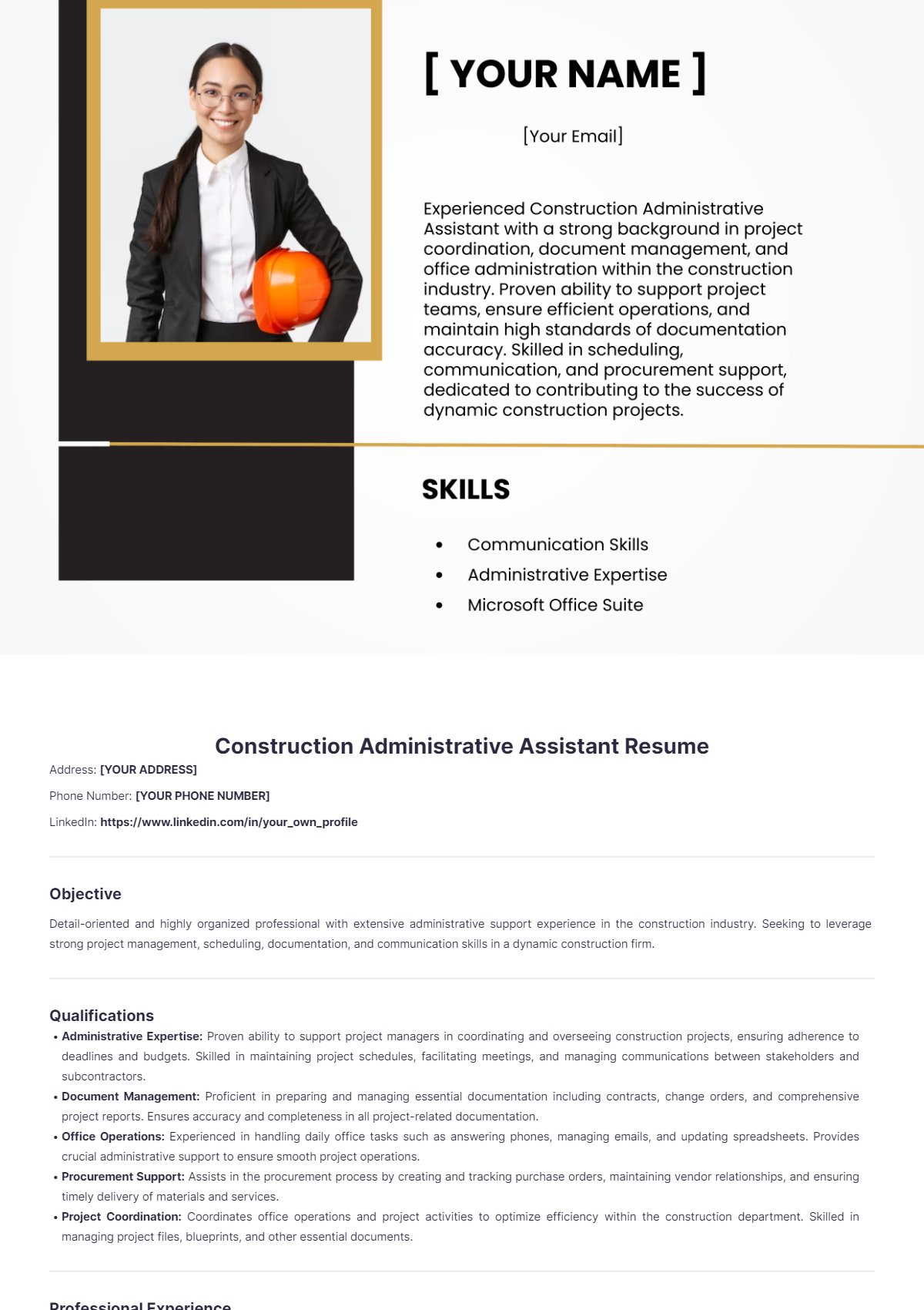 Construction Administrative Assistant Resume - Edit Online & Download