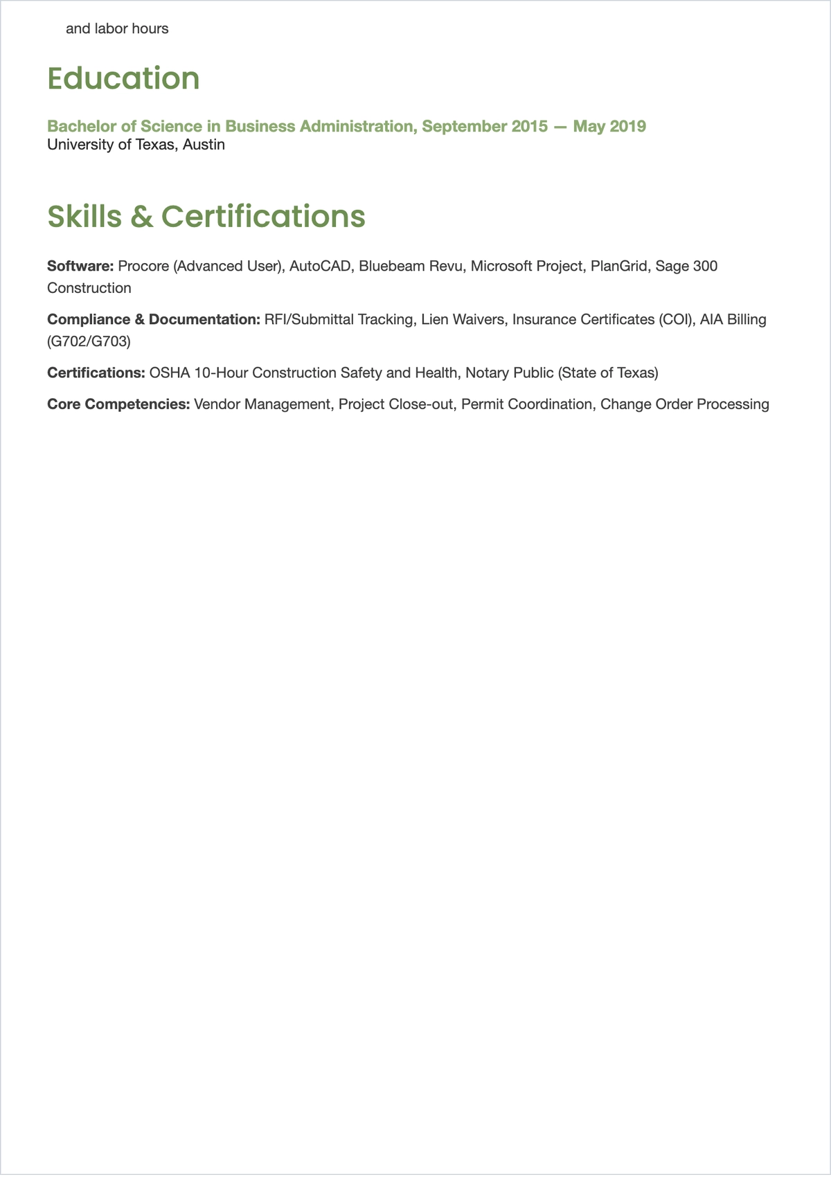 Free Construction Administrative Assistant ATS Resume Template